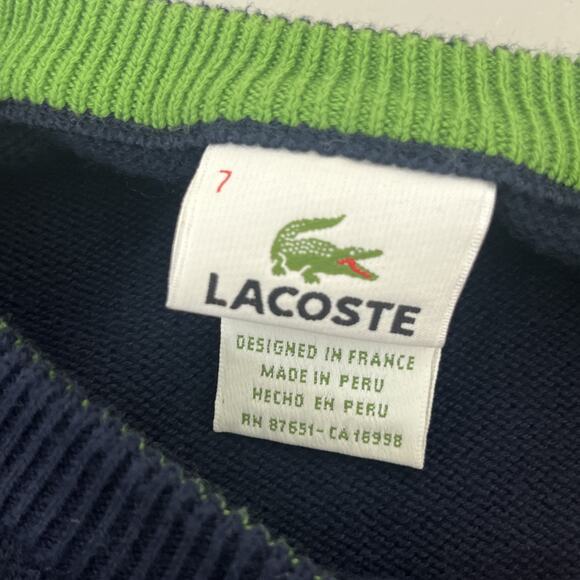 Lacoste Knit Cotton Sweater Mens 7 XL Navy Green Stripe Logo Pullover Jumper - Picture 6 of 9